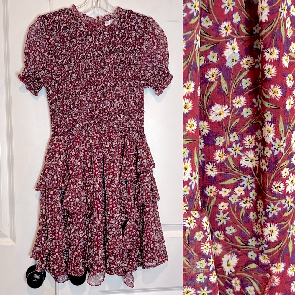 We're All Pretty Girls Burgundy Floral Smocked Short Sleeve Ruffle Dress S